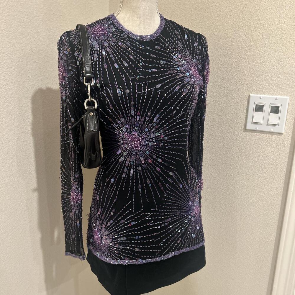 Vintage SHO MAX ORIGINALS purple and black beaded long sleeve top. Size small.
